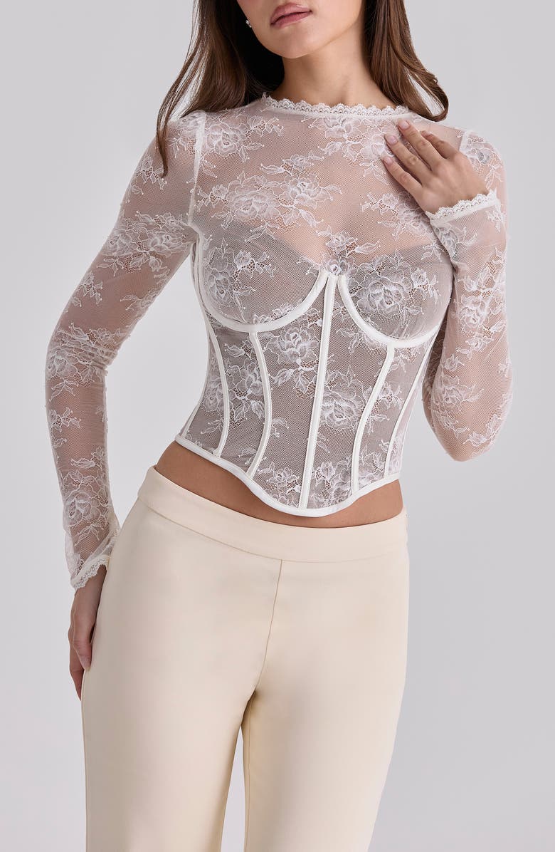 HOUSE OF CB Zoe Long Sleeve Lace Crop Corset Top, Main, color, Vintage Ivory