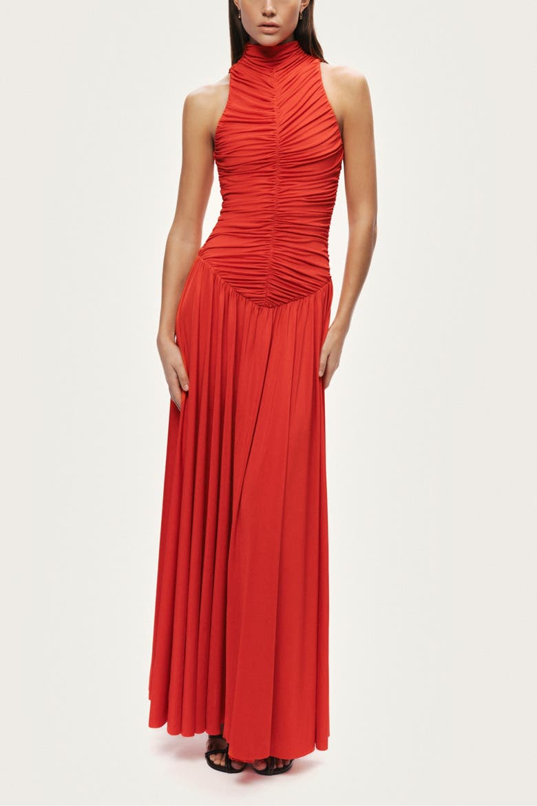 Ruched High-Neck Maxi Dress, Alternate, color, Red