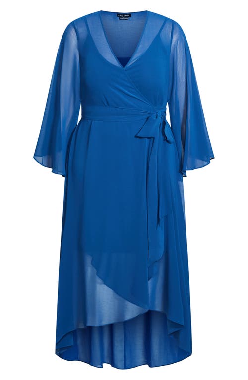 City Chic Long Sleeve Sheer Chiffon Maxi Wrap Dress In Blue