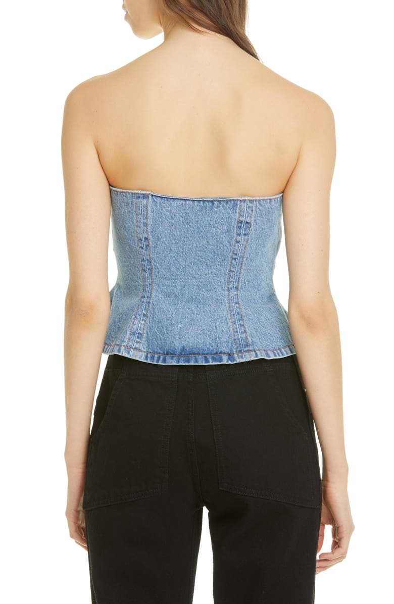 Ganni Washed Denim Strapless Peplum Top, Alternate, color, 
