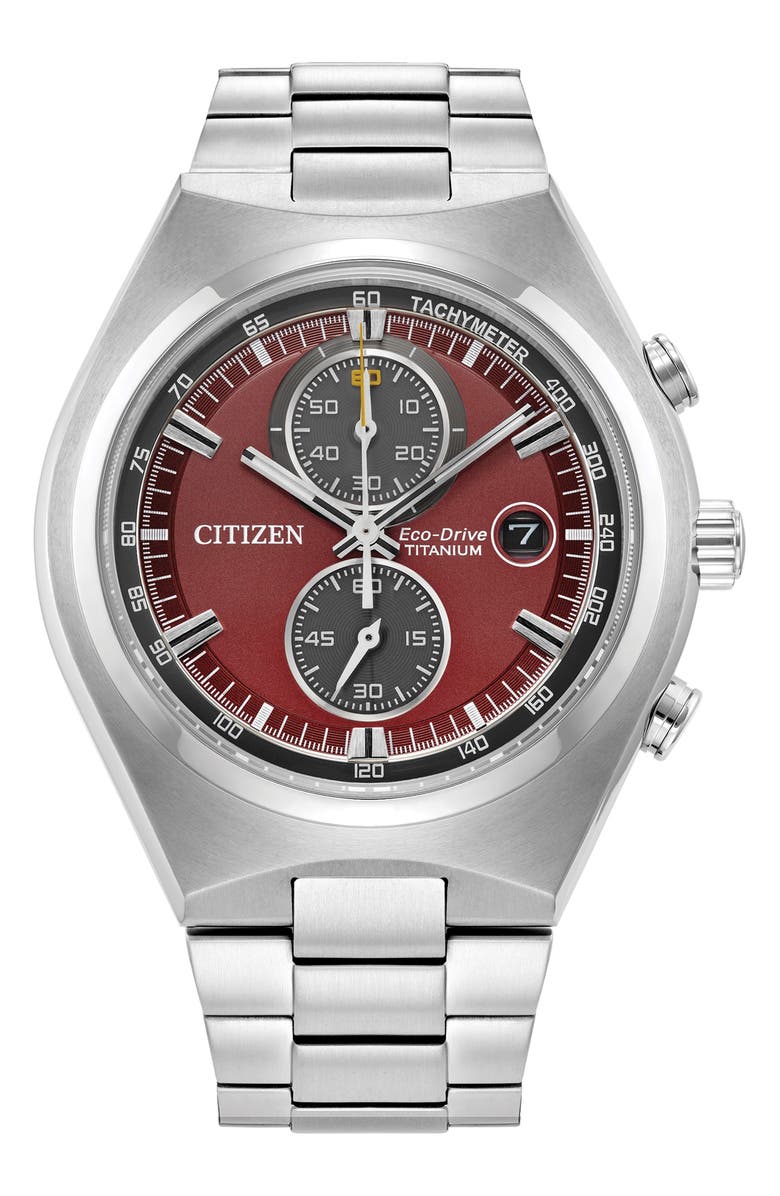 Citizen Brycen Eco-Drive Chronograph Bracelet Watch, 43mm x 11.5mm, Main, color, Silver