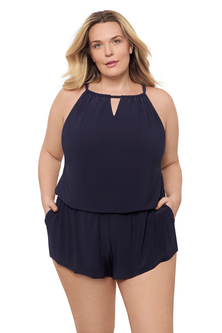 Plus Size Keyhole Blouson Slimming Swimsuit Romper with Pockets, Alternate, color, True Navy