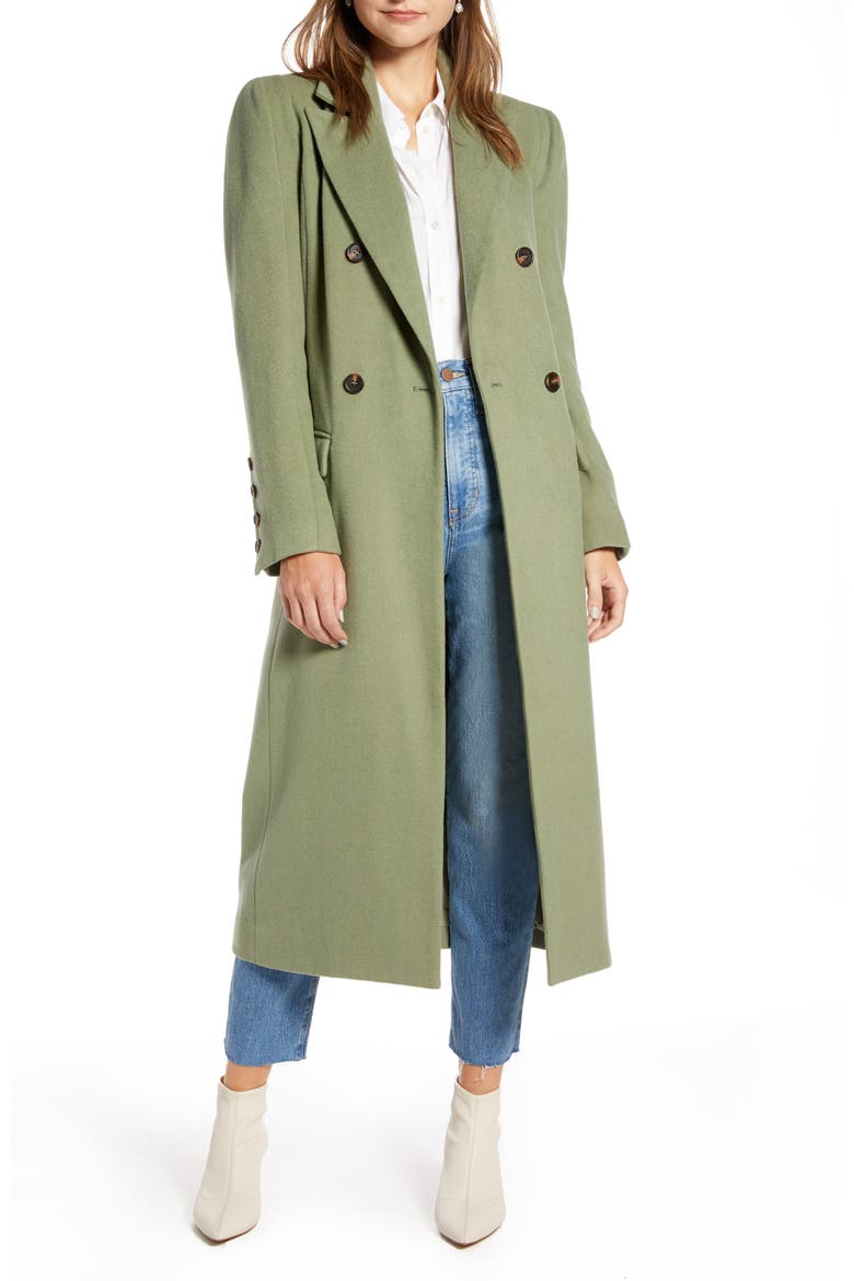 Long Double Breasted Coat (Nordstrom Exclusive), Main, color, OLIVE ACORN