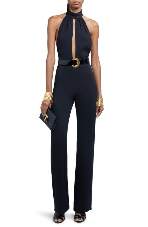 Stretch Sable Belted Halter Jumpsuit