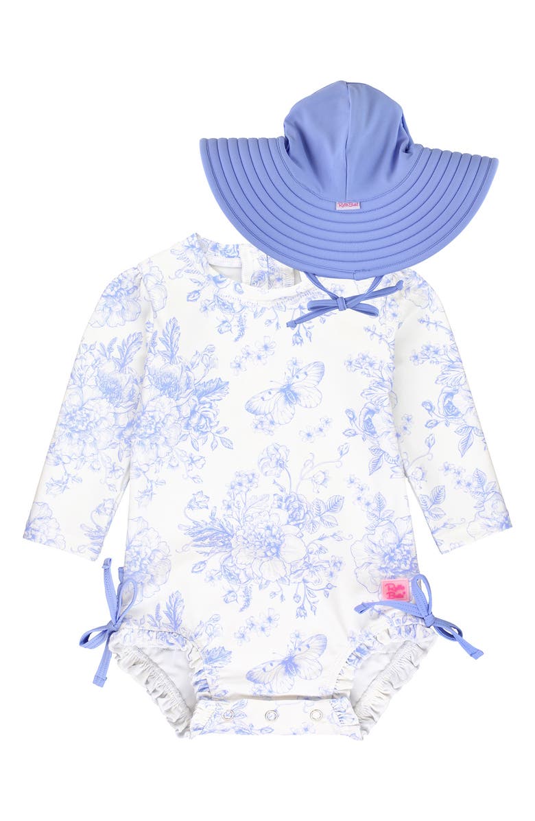 RuffleButts Periwinkle Garden Long Sleeve One-Piece Rashguard Swimsuit & Hat Set, Main, color, 