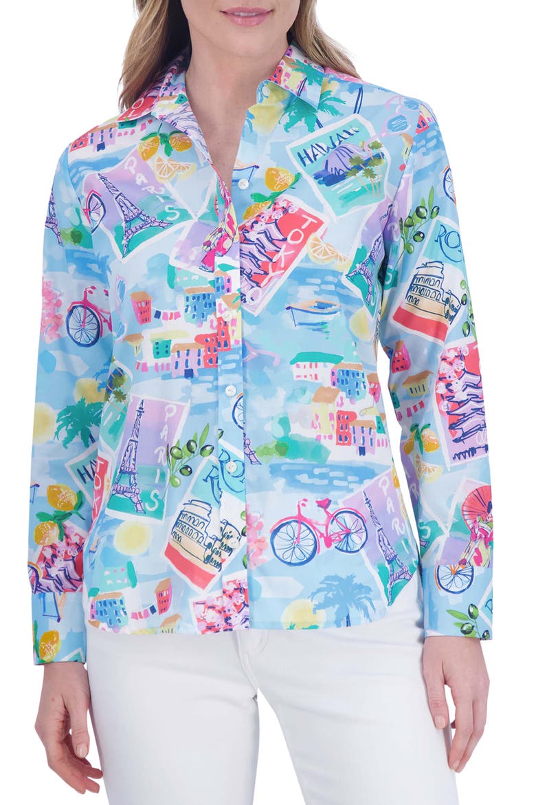 Meghan Travel Print Cotton Button-Up Shirt, Main, color, BLUE MULTI
