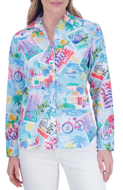 Meghan Travel Print Cotton Button-Up Shirt