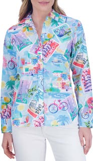 Foxcroft Meghan Travel Print Cotton Button-Up Shirt