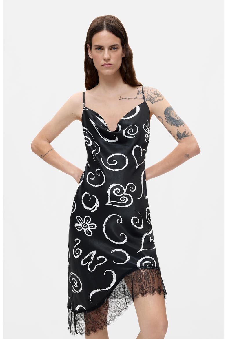 Lace Trim Cowl Neck Slipdress, Alternate, color, BLACK