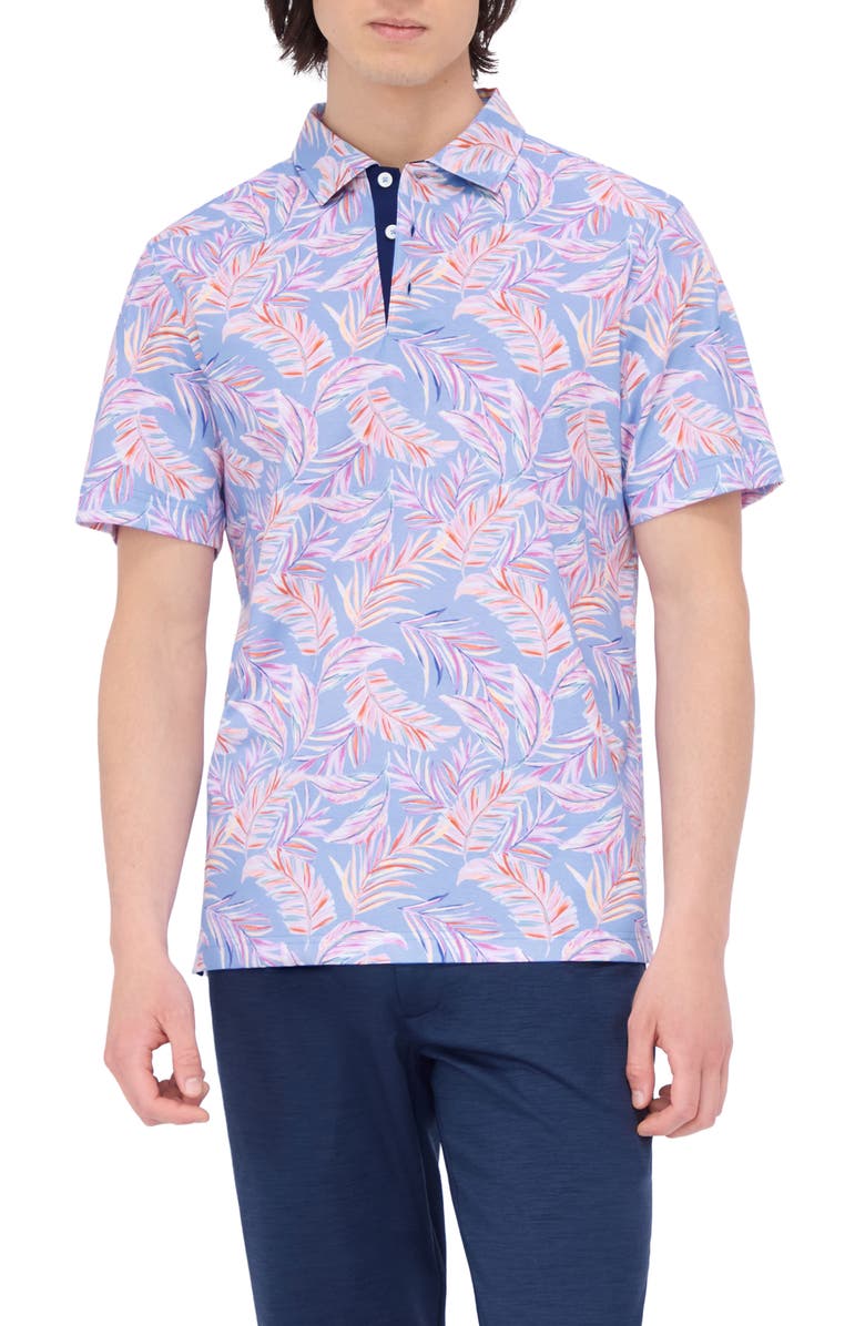 Bugatchi Hendrix Digital Leaf Print Pima Cotton Polo, Main, color, Sky
