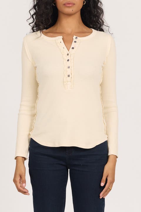 Edie Long Sleeve Placket Button Front Rib T-Shirt