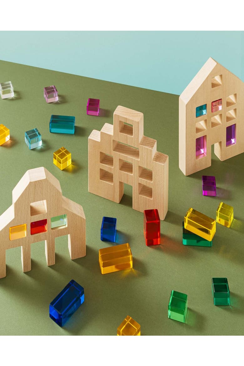 Riley City Wooden Building Blocks with Acrylic Gems, Alternate, color, Multicolor