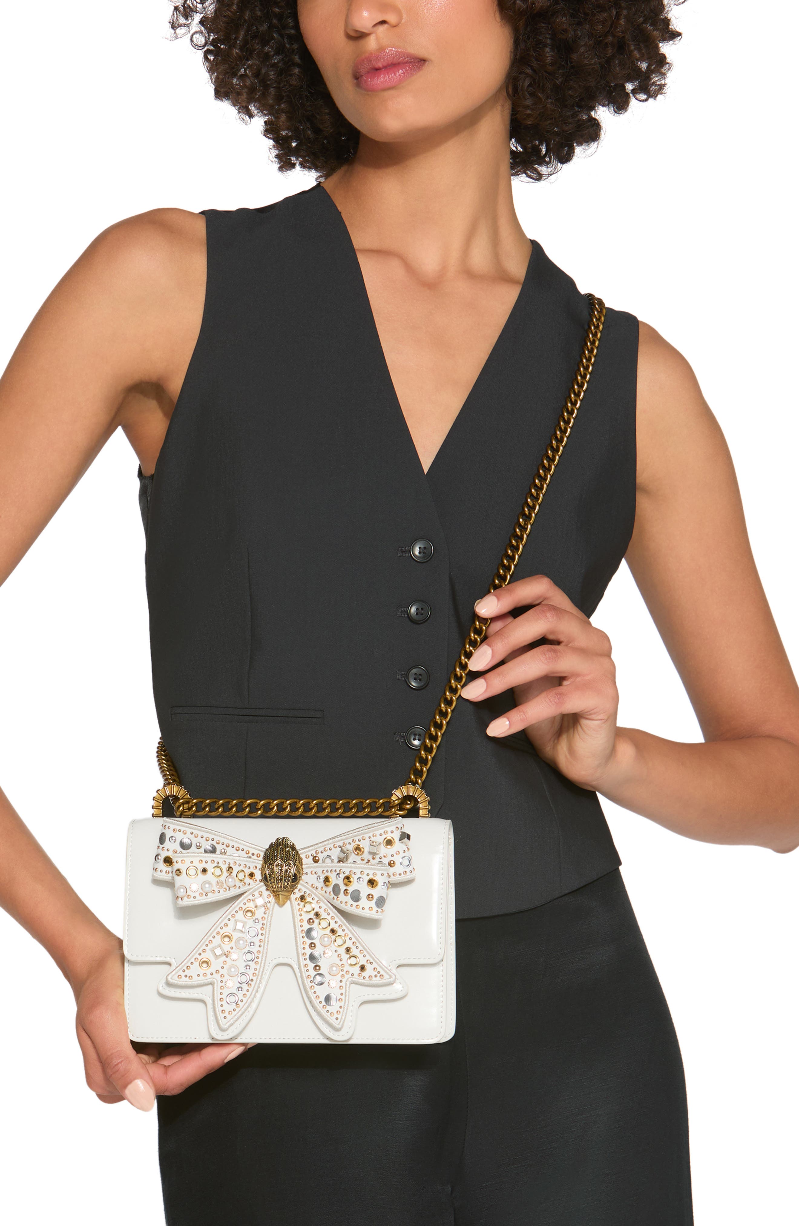 Kurt Geiger London Small Shoreditch Bow Convertible Leather Crossbody Bag, Alternate, color, Bone/Comb