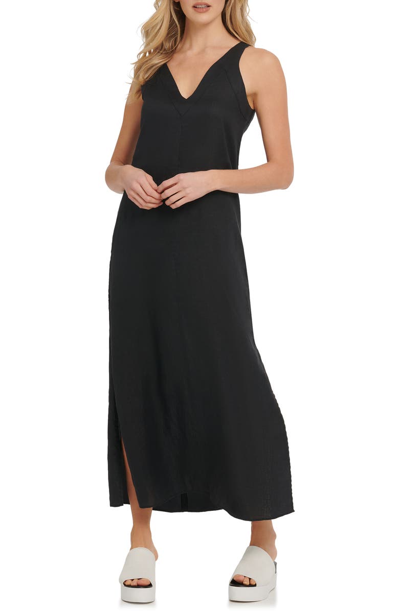 DKNY V-Neck Linen Maxi Dress, Main, color, Black