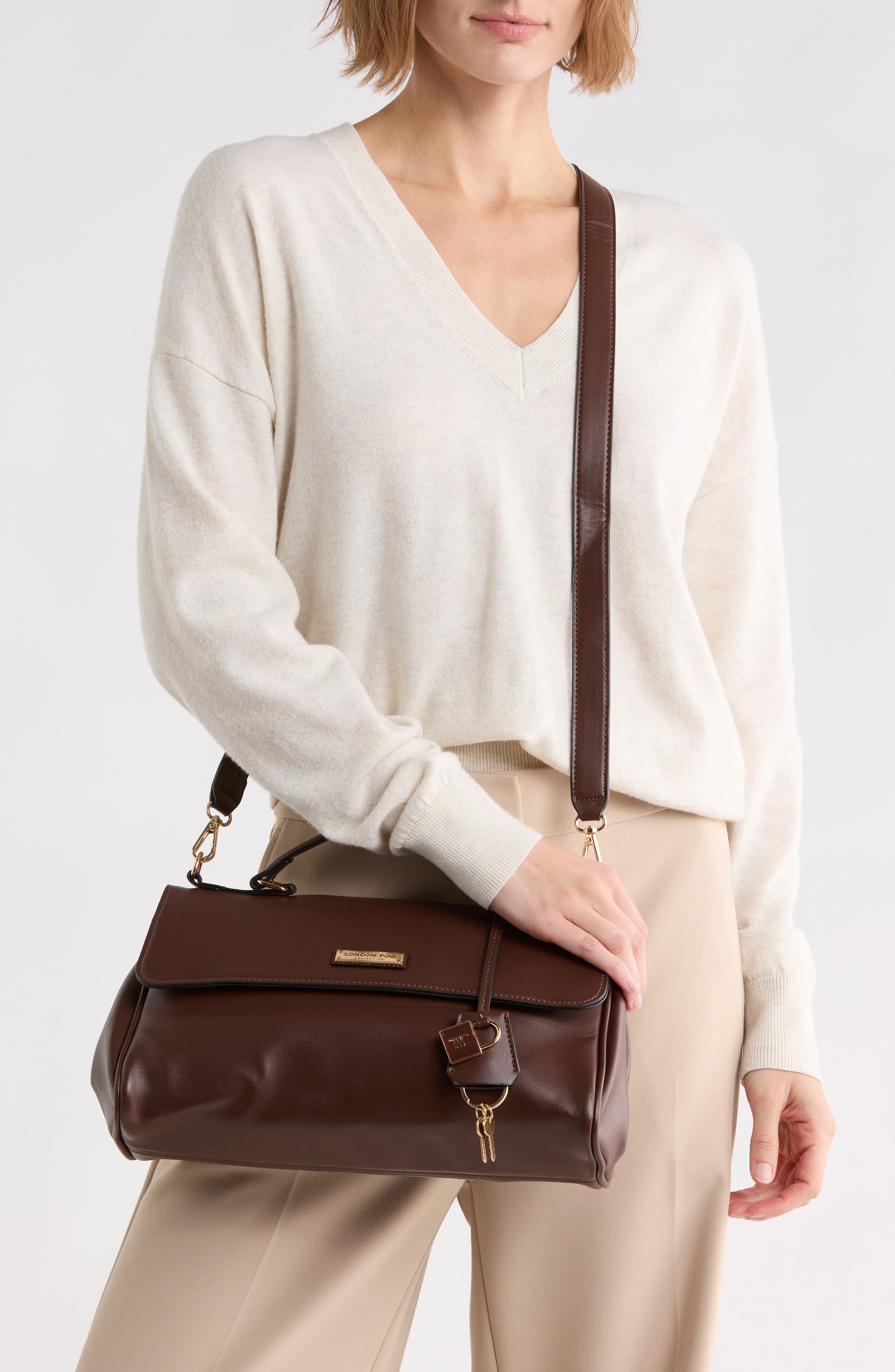 Faux Leather Top Handle Bag, Alternate, color, CHOCOLATE