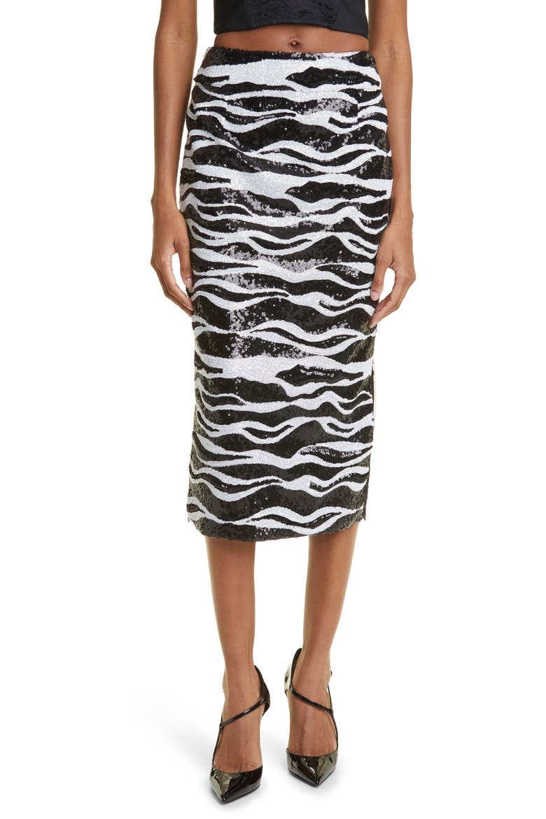 Sequin Stripe & Lace Midi Pencil Skirt, Main, color, BLACK/ SILVER