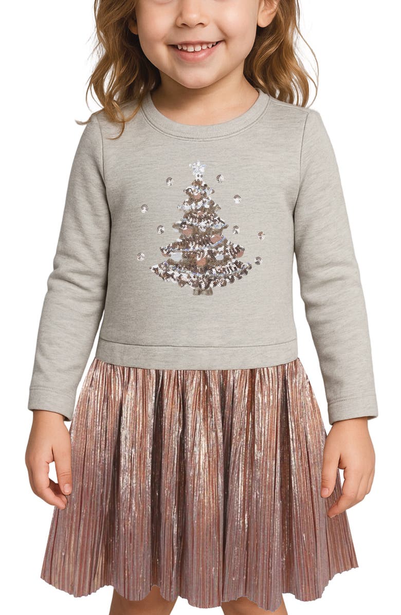 Zunie Kids' Sequin Christmas Tree Mixed Media Dress, Alternate, color, Oat/ Copper