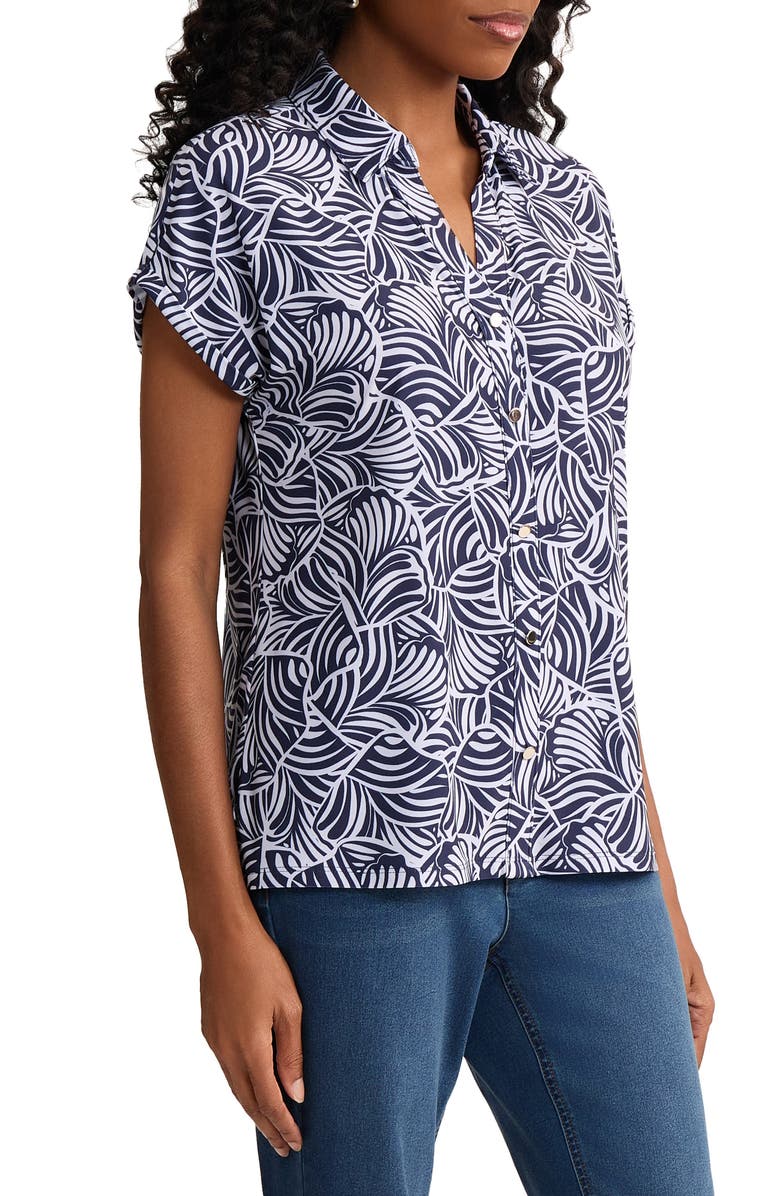 Jones New York Leaf Print Button-Up Shirt, Alternate, color, Pacific Navy/ Natural White