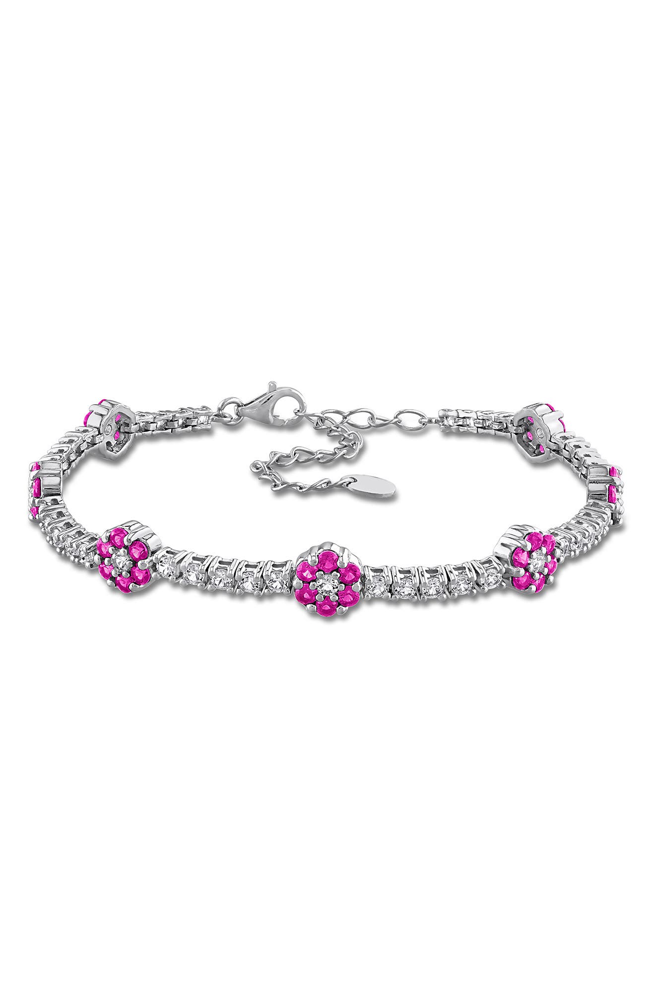 Sterling Silver Lab Created Ruby Flower Line Bracelet