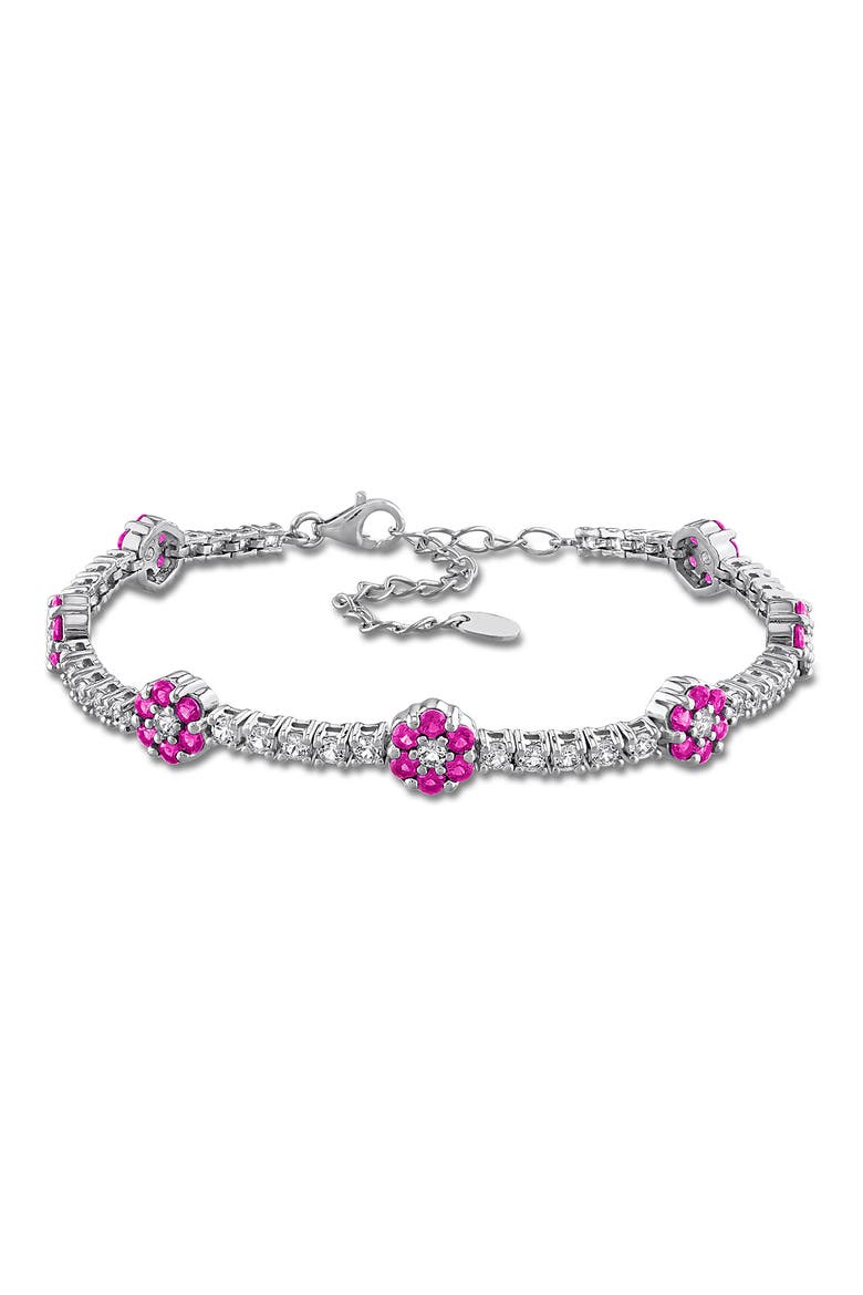 Sterling Silver Lab Created Ruby Flower Line Bracelet, Main, color, RED
