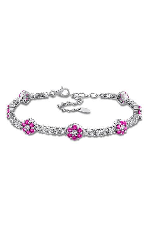 Sterling Silver Lab Created Ruby Flower Line Bracelet