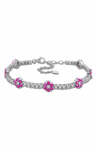 Sterling Silver Lab Created Ruby Flower Line Bracelet