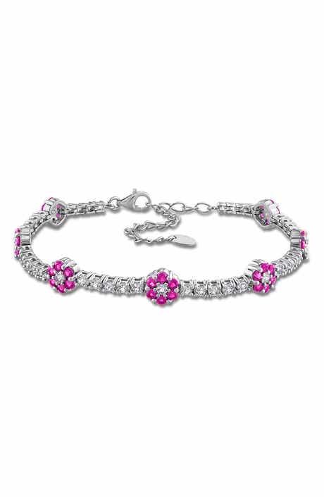 Sterling Silver Lab Created Ruby Flower Line Bracelet