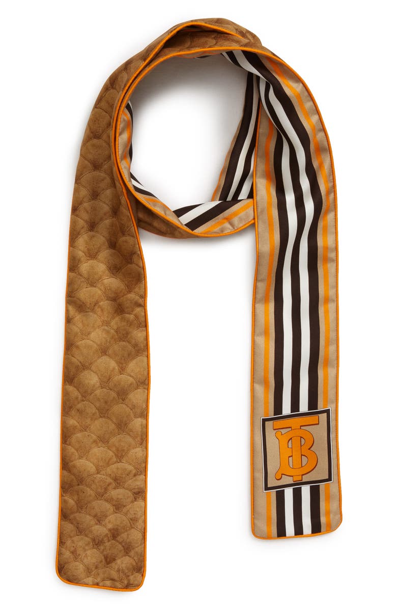 Burberry Icon Stripe & Fish Scale Print Skinny Silk Scarf, Alternate, color, 