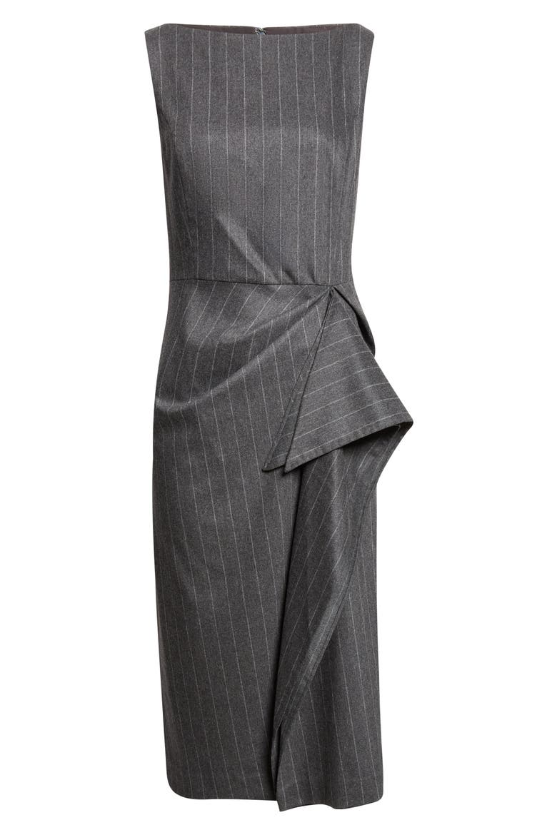 Sleeveless Pinstripe Stretch Virgin Wool & Cashmere Draped Pencil Dress, Main, color, CHARCOAL