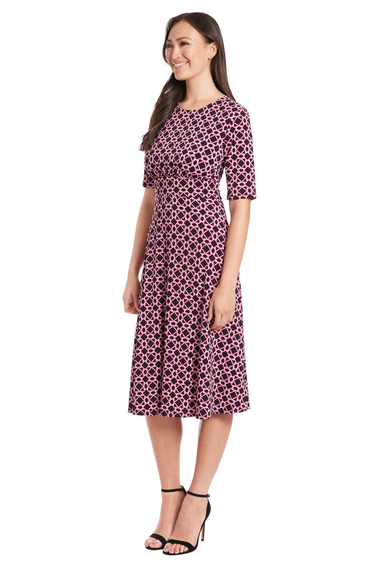 Geo Print Elbow Sleeve Fit & Flare Dress, Alternate, color, BLACK/ PINK