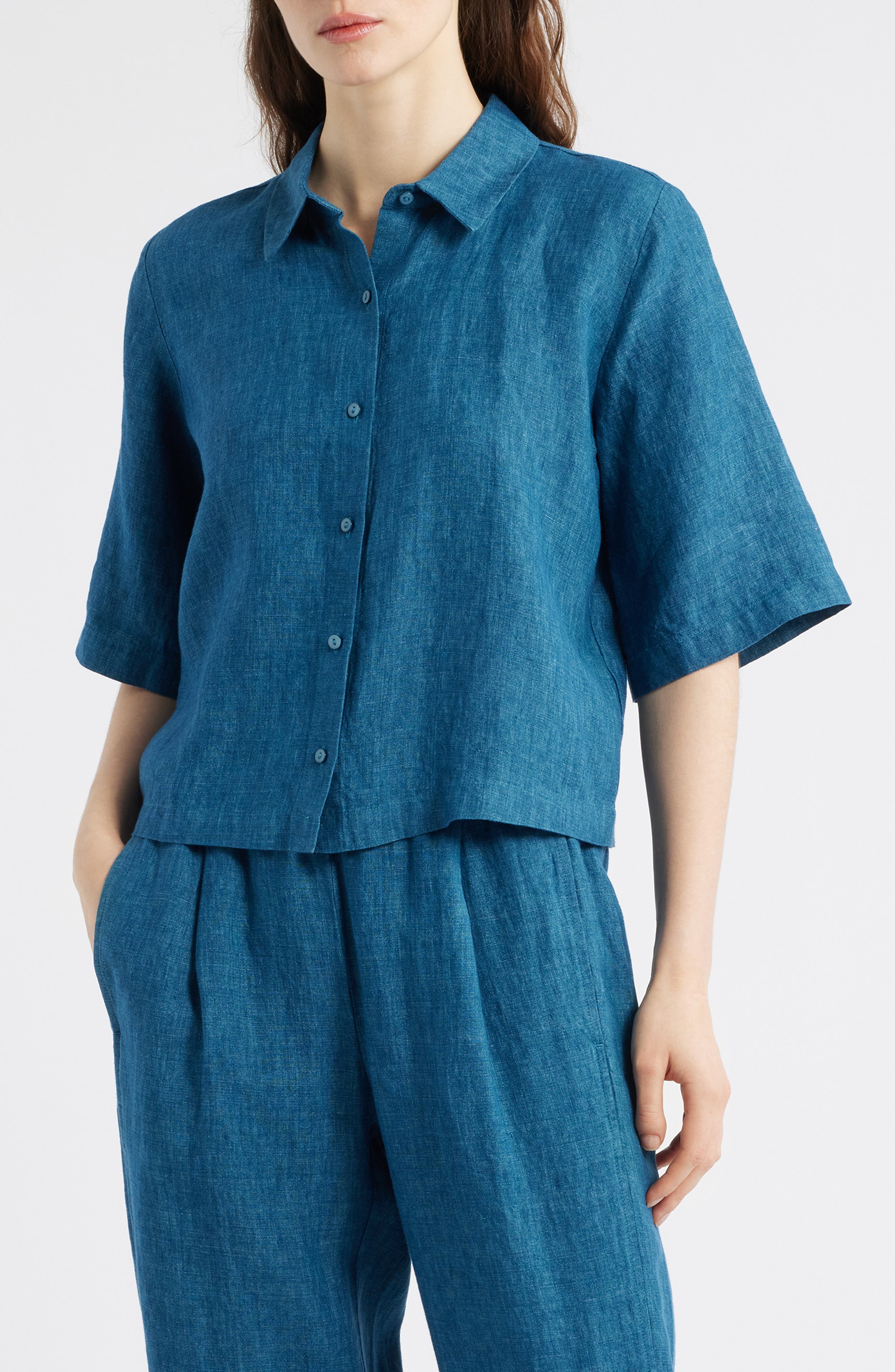 Linen Elbow Sleeve Button-Up Shirt - image 3
