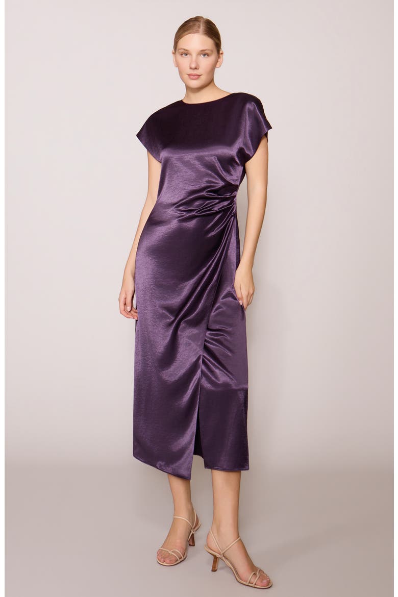 Cap Sleeve Side Cinched Satin Midi Dress, Alternate, color, EGGPLANT