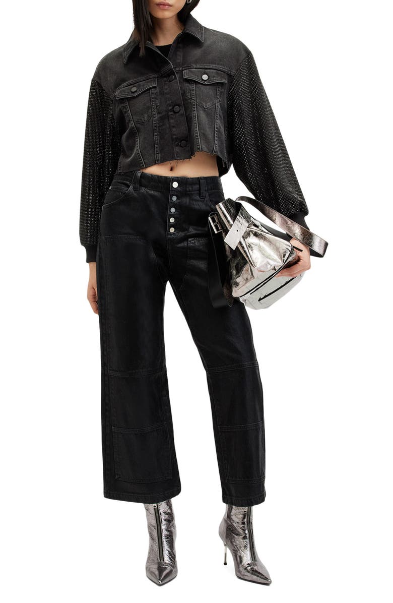 AllSaints Anders Beaded Sleeve Detail Denim Trucker Jacket, Alternate, color, 