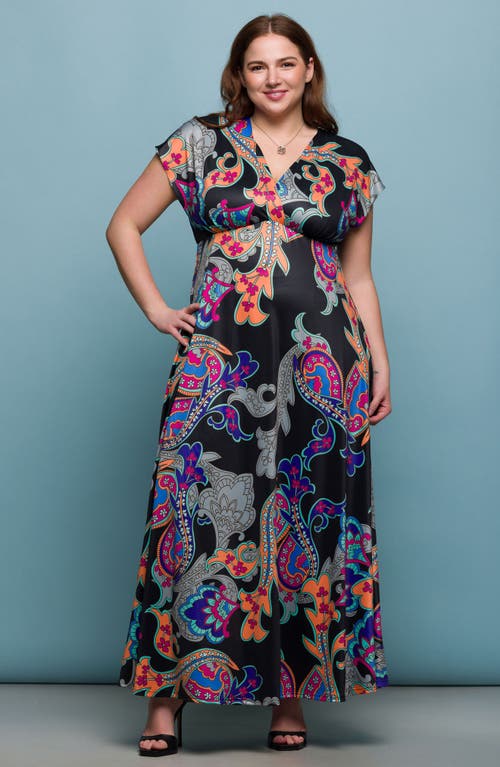 24seven Comfort Apparel Plus Size V-neck Empire Waist Cap Sleeve Maxi Dress In Black Multi