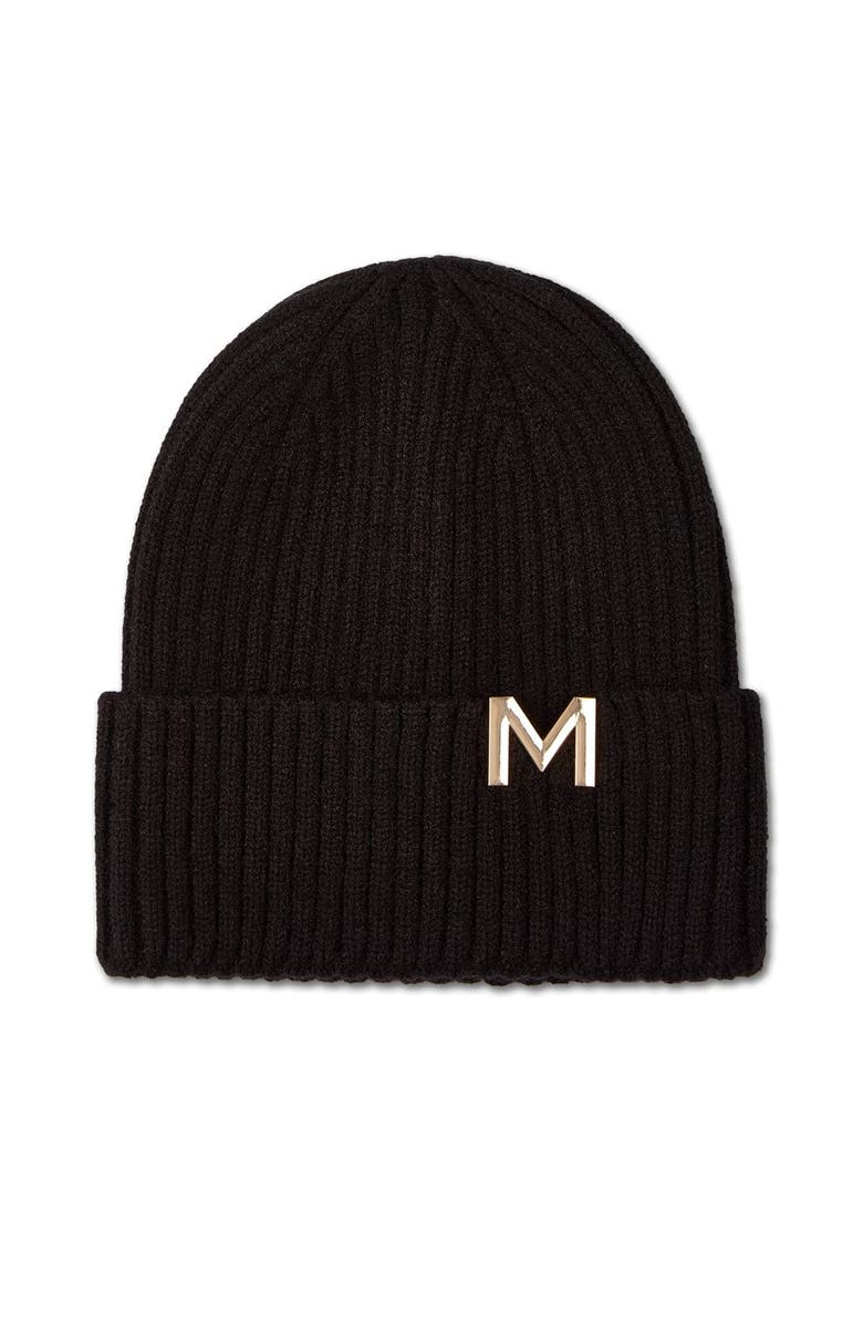 MeMoi Ribbed Metal M Cut-Out Beanie, Main, color, Black