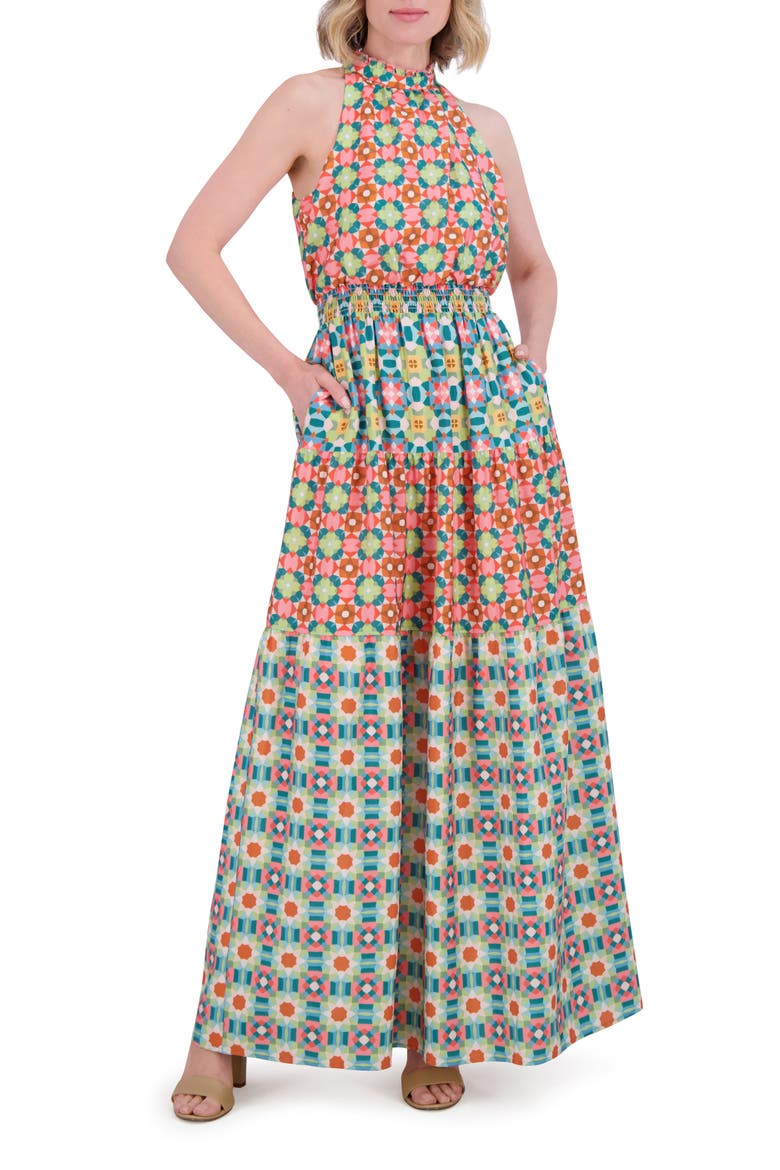 Ruffle Hem Smocked Waist Sleeveless Maxi Dress, Main, color, PINK MULTI
