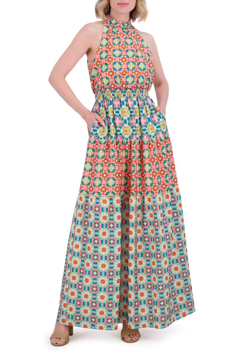 Vince Camuto Ruffle Hem Smocked Waist Sleeveless Maxi Dress, Main, color, Pink Multi