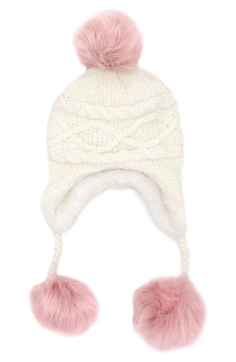 SURELL Kids' Fleece Lined Cable Knit Beanie with Faux Fur Pompoms, Main, color, 