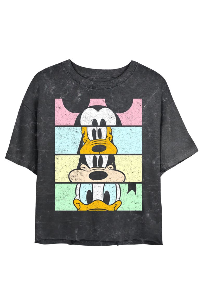 Junior's Mickey & Friends Distressed Group Cropped Portraits  Graphic T-Shirt, Main, color, Black