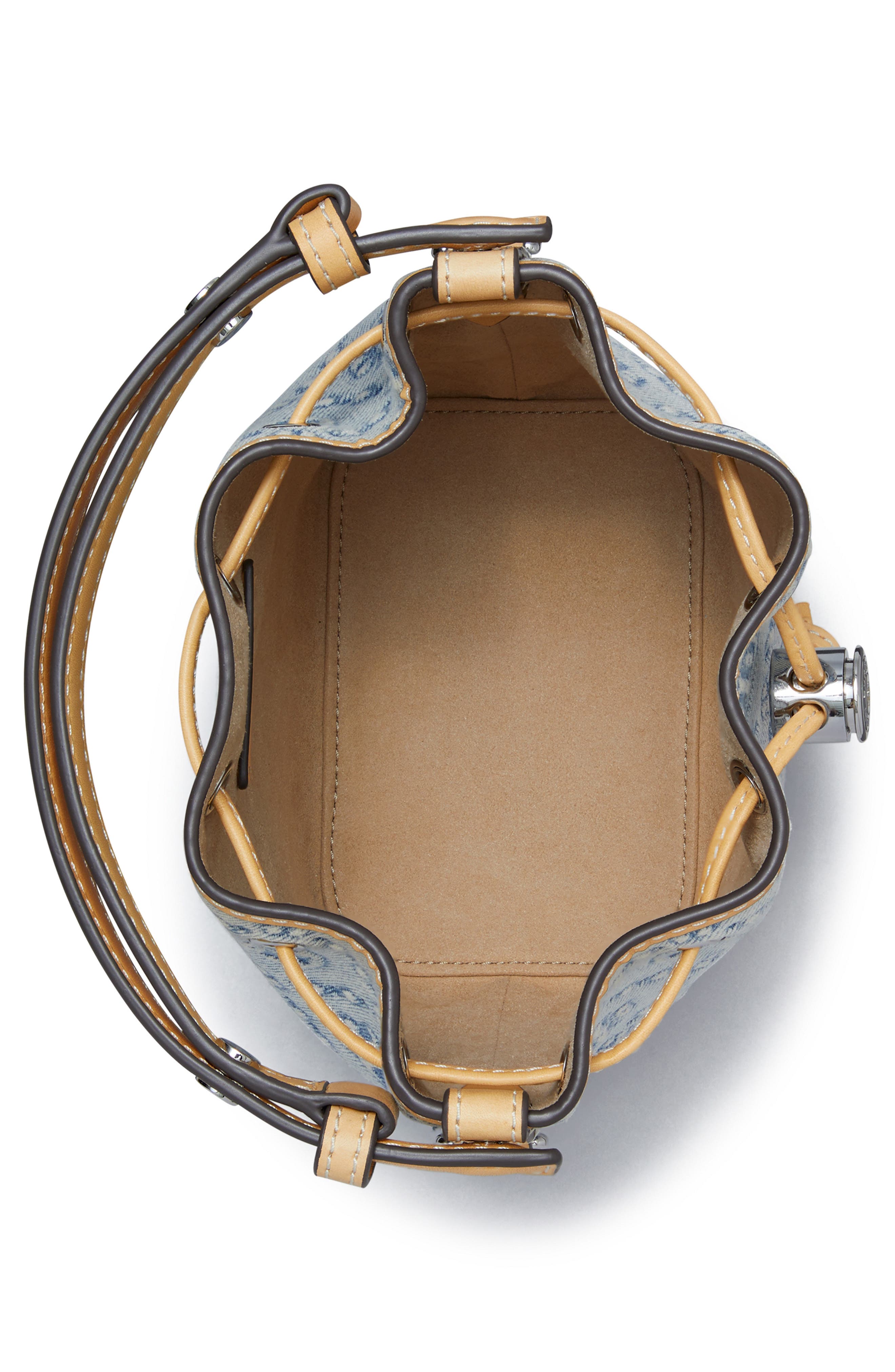 Tory Burch Mini T Monogram Denim Bucket Bag, Alternate, color, Powder Blue