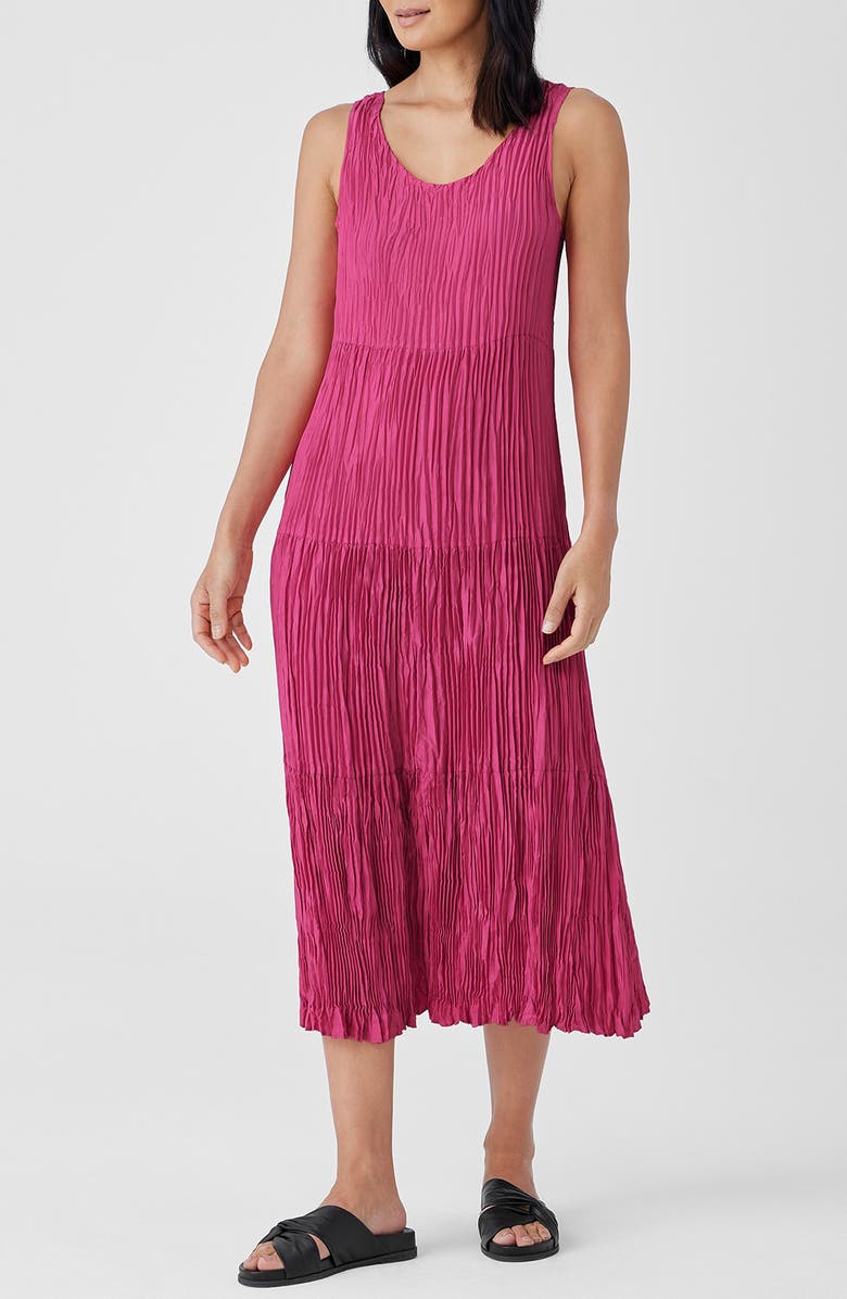 Eileen Fisher Tiered Pleated Silk Midi Dress, Alternate, color, Geranium