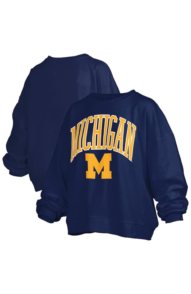 PRESSBOX Women's Pressbox Navy Michigan Wolverines Janise Arch Over Logo Waist Length Oversized Pullover Sweatshirt, Alternate, color, Navy
