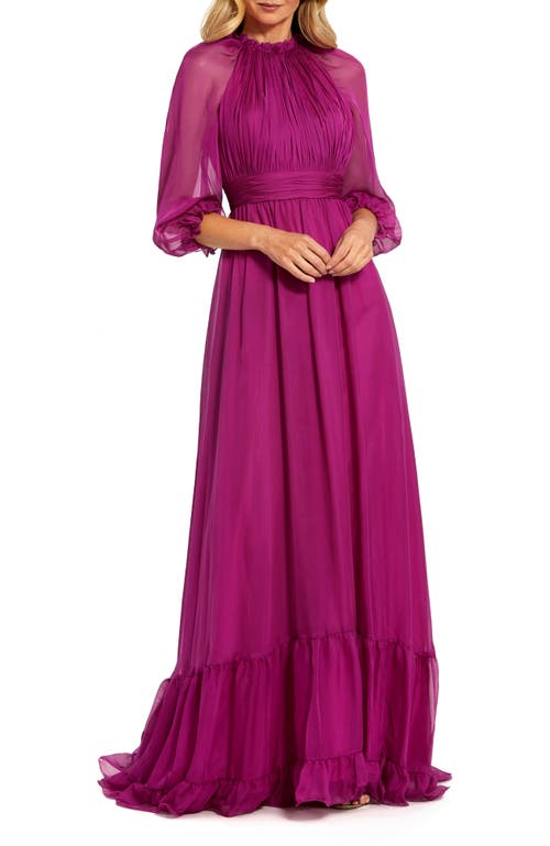 Mac Duggal Chiffon Ruffled High Neck Raglan Sleeves Evening Gown In Purple