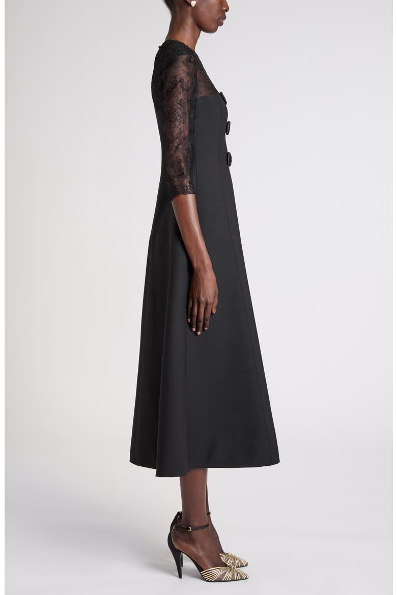 Bow Detail Lace & Crepe Midi Dress, Alternate, color, BLACK