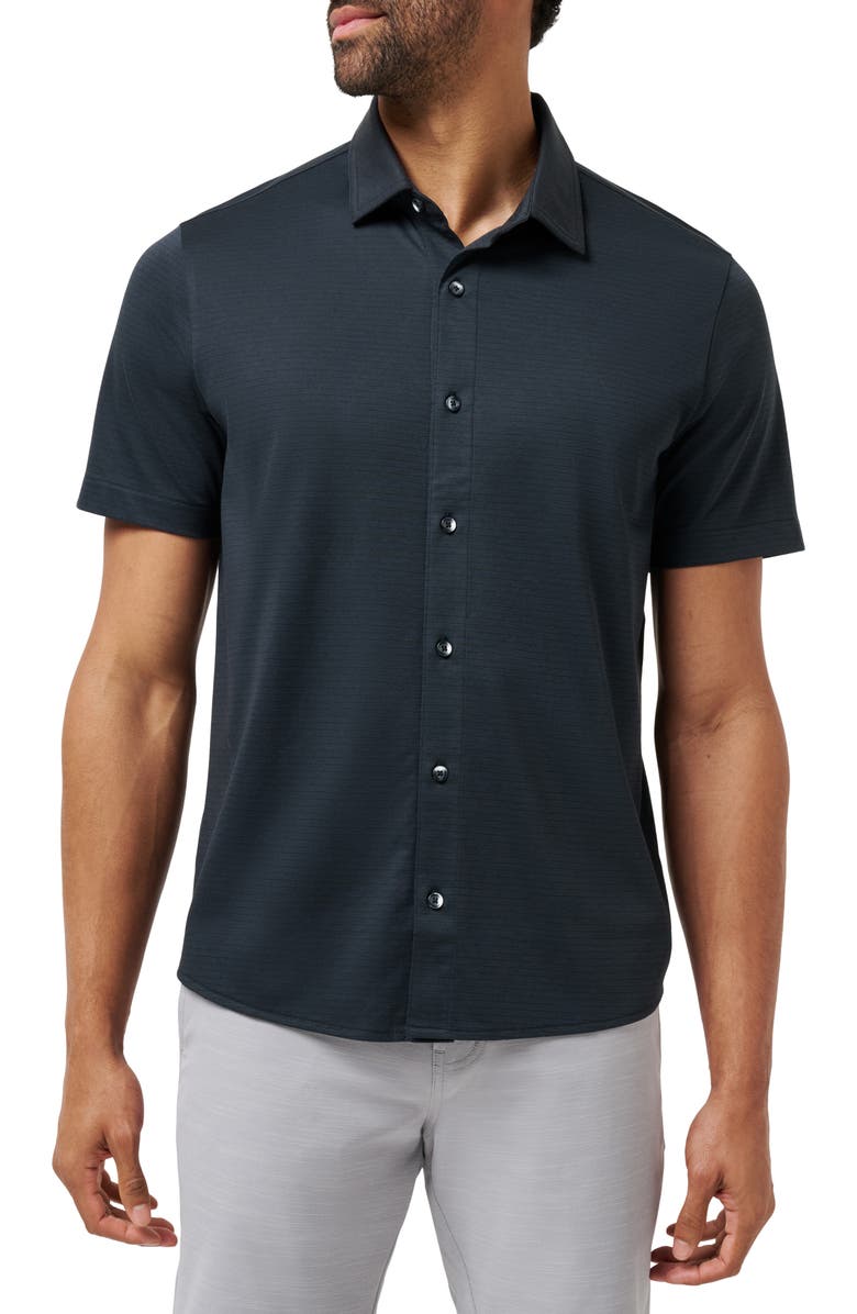 TravisMathew A Class Short Sleeve Knit Cotton Blend Button-Up Shirt, Main, color, Black