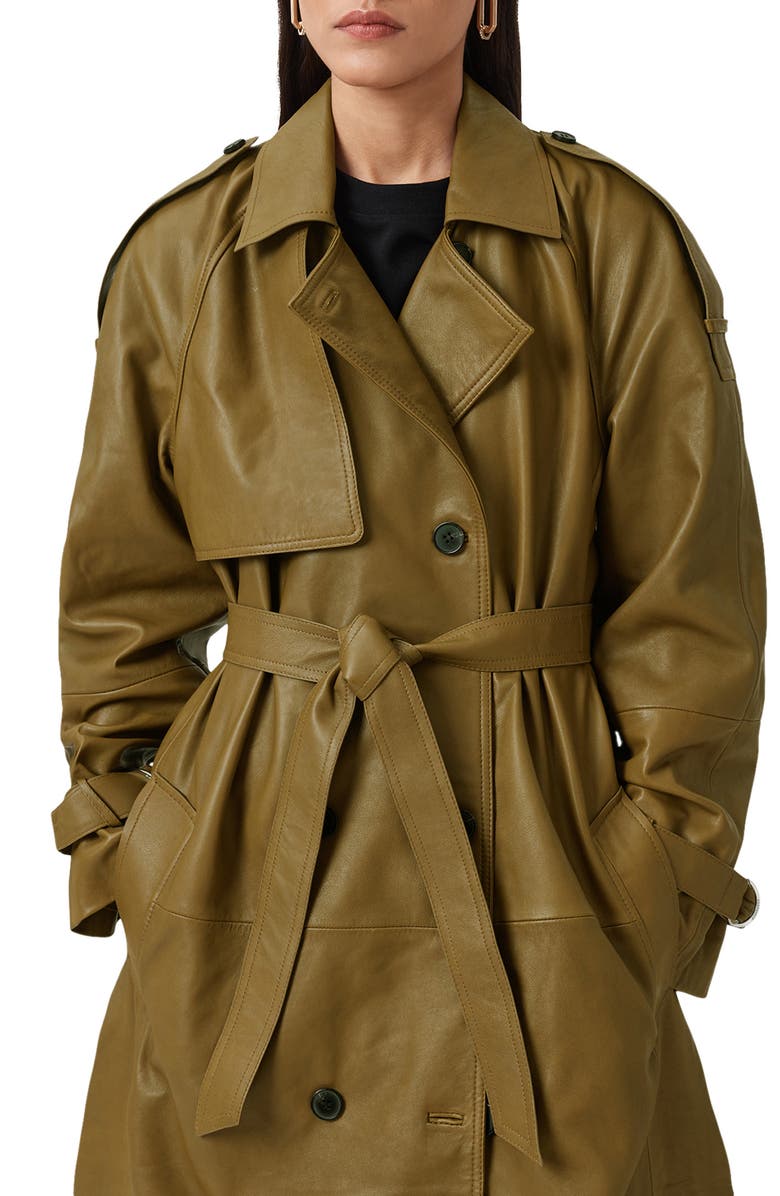 AllSaints Reed Leather Trench, Alternate, color, Fango Green