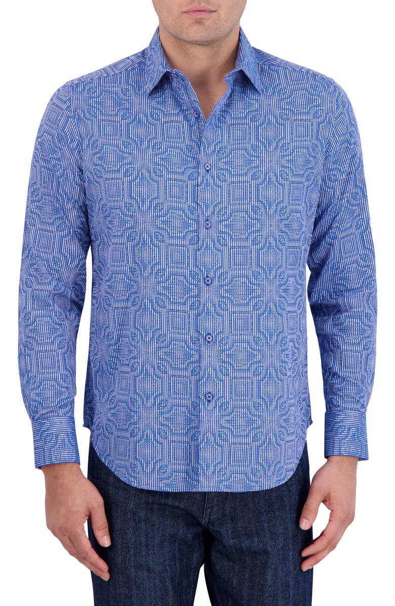 Robert Graham Voyage Geo Jacquard Stretch Cotton Button-Up Shirt, Main, color, Blue