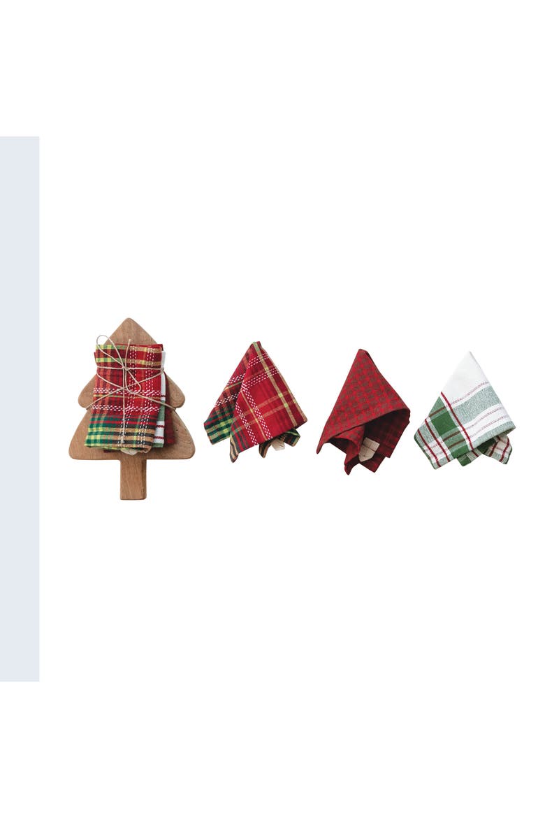 3-Piece Woven Dish Cloths and Mango Wood Tree-Shaped Cheese/Cutting Board, Main, color, Multicolor