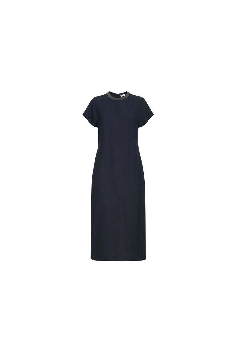 Viscose and linen fluid twill dress with precious collar, Alternate, color, Blue