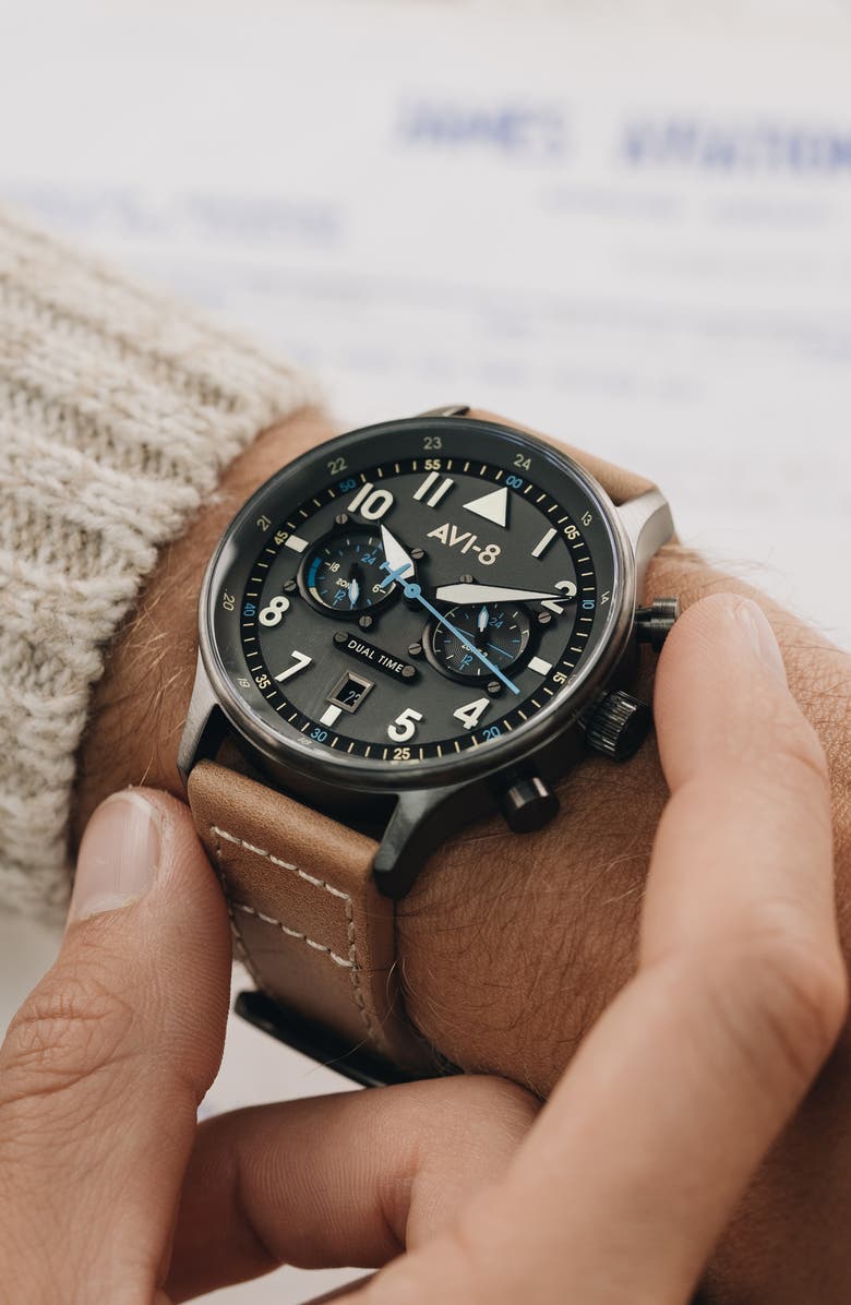 AVI-8 Hawker Hurricane Carey Chronograph Leather Strap Watch, 44mm, Alternate, color, Grey